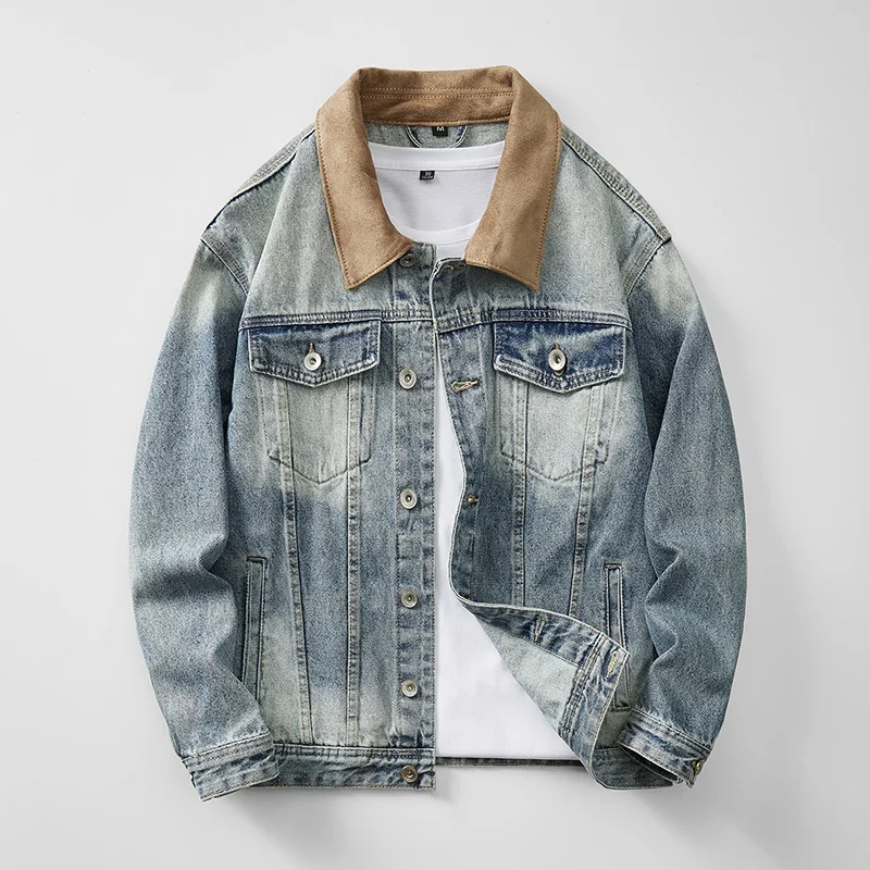 

American Style Men 's Vintage Washed Denim Jacket Autumn Color Block Patchwork Turn-down Collar Cargo Jacket with Multi Pocket