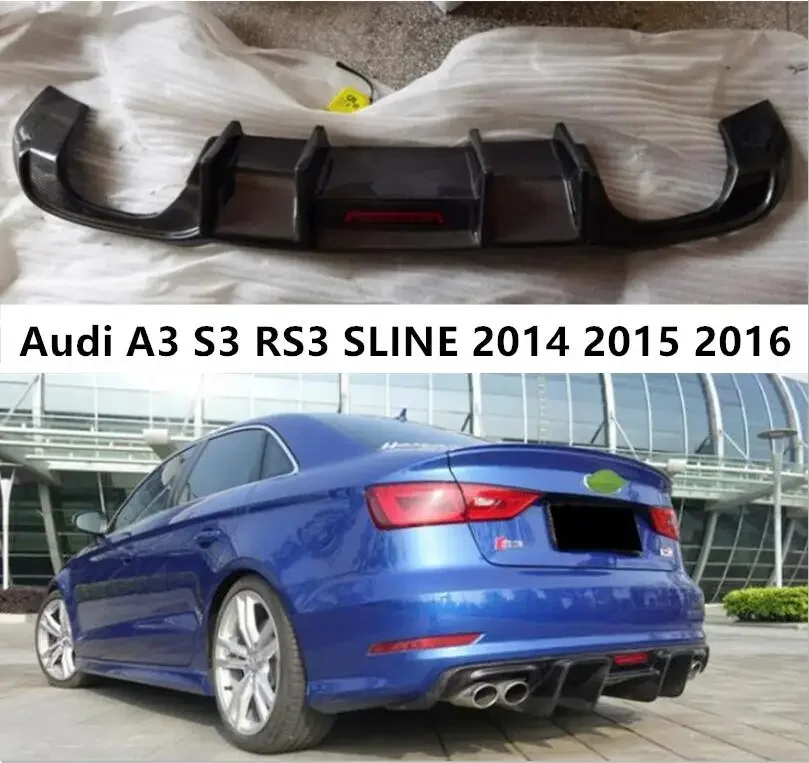 Rear Bumper Diffuser For Audi A3 S3 RS3 SLINE 2014 2015 2016 Trunk Door Lip Spoiler Real Carbon Fiber (With LED Light )