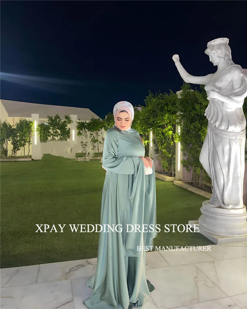 XPAY Simple Dubai Muslim Arabic Women Evening Dresses High Neck Flare Long Sleeves Silk Satin Formal Prom Occasion Dress Gown