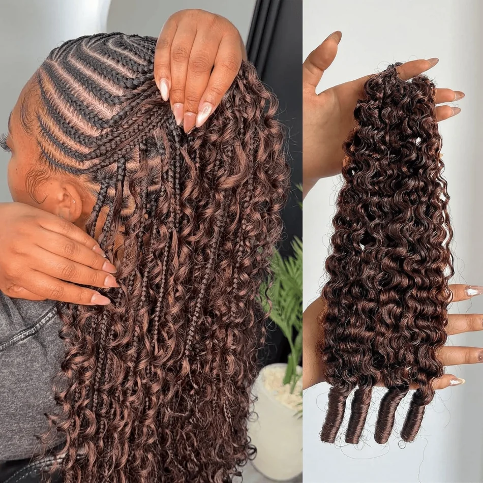 Chocolate Brown Boho Braids Feather Crochet Human Hair Burmese Curly Human Hair Extensions Pre Separated Knotless Handmade Bundles Crochet Hair 10-30Inch