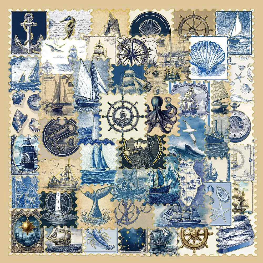 50 Stück Vintage Blaue Nautische Briefmarken-Aufkleber, Retro Ozean Segelboot Leuchtturm Wasserfeste Vinyl-Aufkleber für Schreibwaren