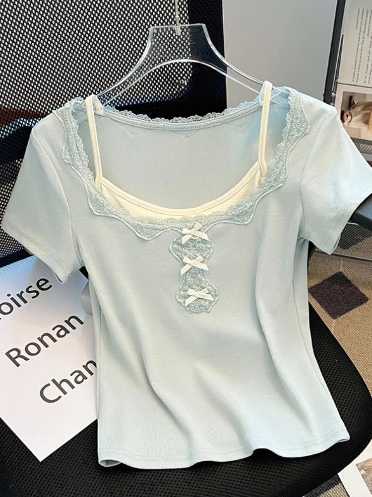 

Chic Lace Knot ort Sve T-irt Women's Faionable Slim Fit ort Length Top Korean Sle Pure Cotton Summer N...