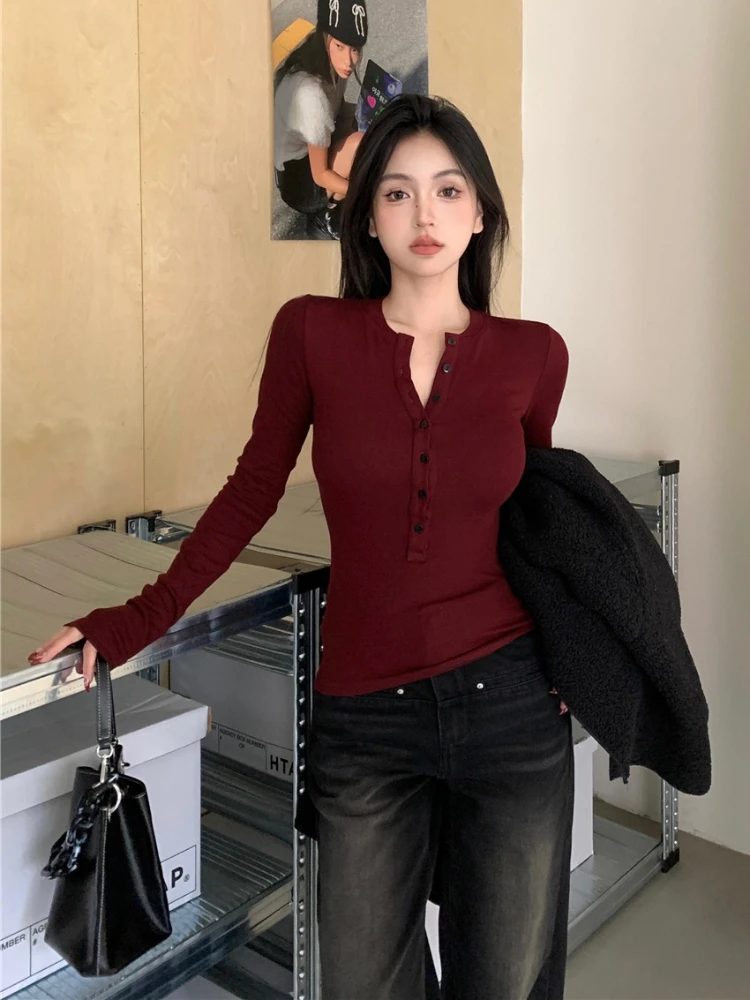 T-shirts Black Fashion All-match Autumn European Style Casual Simple O-Neck Comfortable Single Breasted Sexy SchoolGirls Hipster