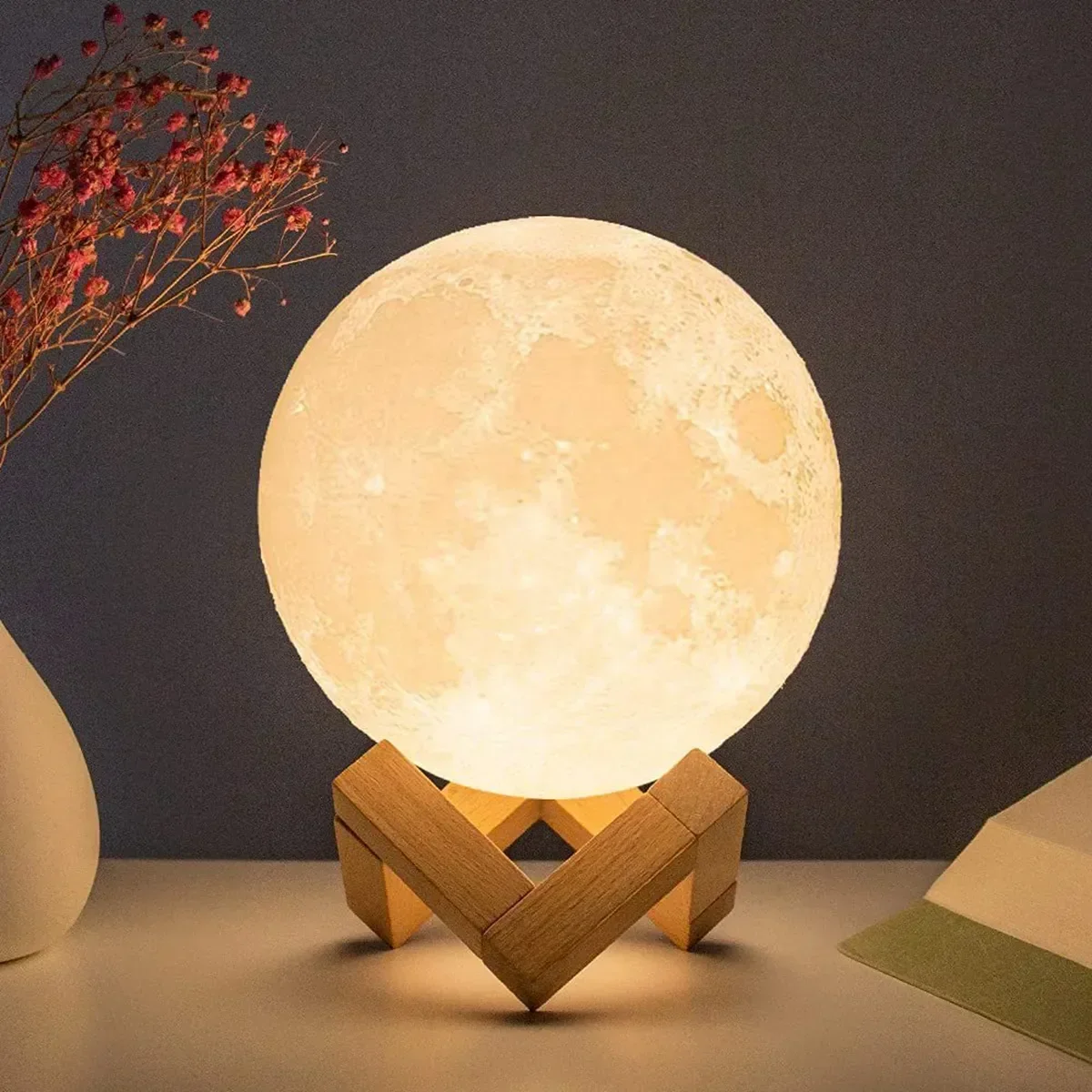 Lámpara de Luna LED de 8cm, luz nocturna alimentada por batería con soporte, lámpara estrellada, decoración de dormitorio, luces nocturnas, regalo para niños