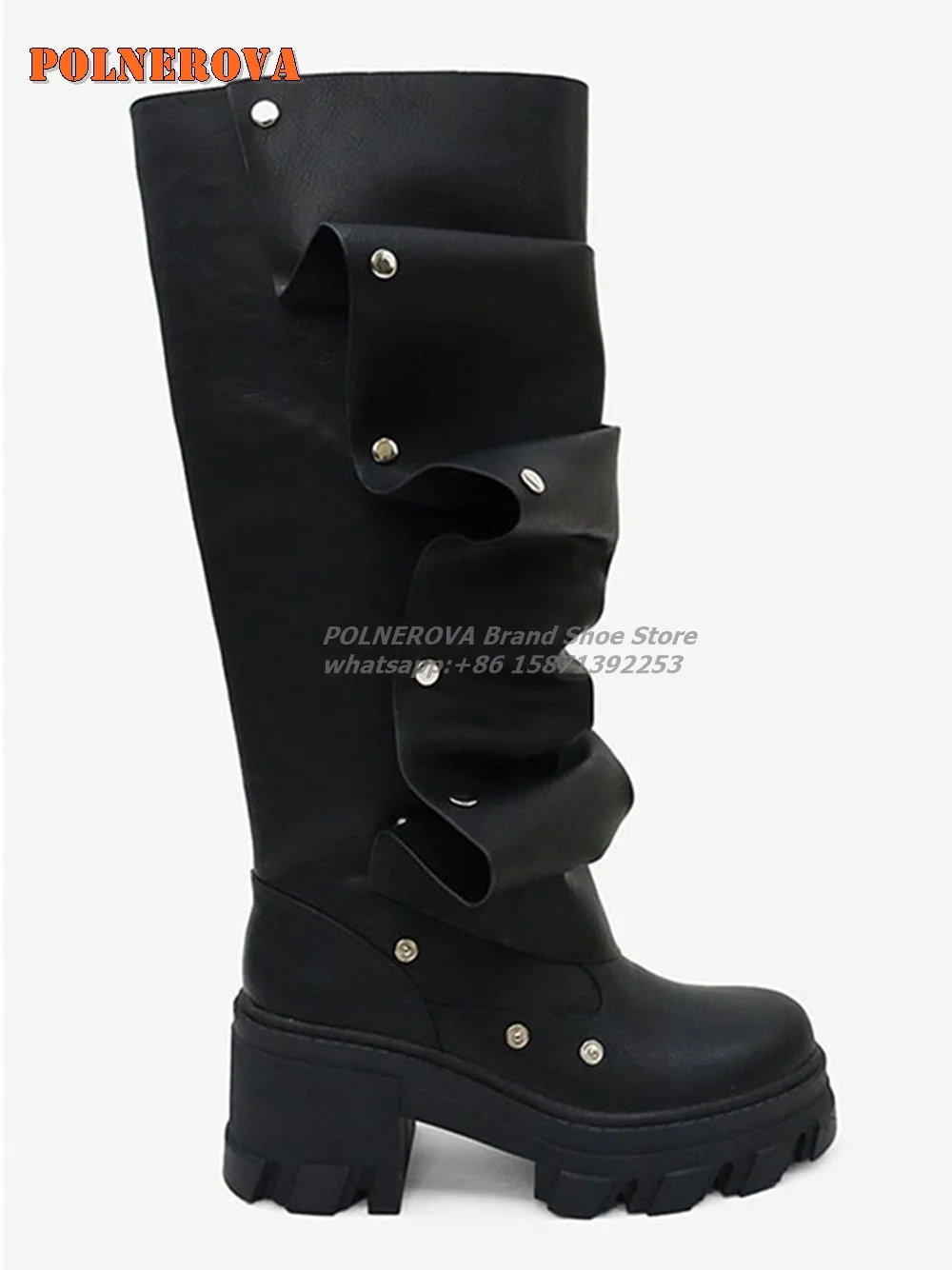 Rivet Wide Calf Ruched Slouchy Boots Round Toe Tank Soled Fold Down Pleated Brown Knee-High Boots Plus Size Sexy Fashion Shoes