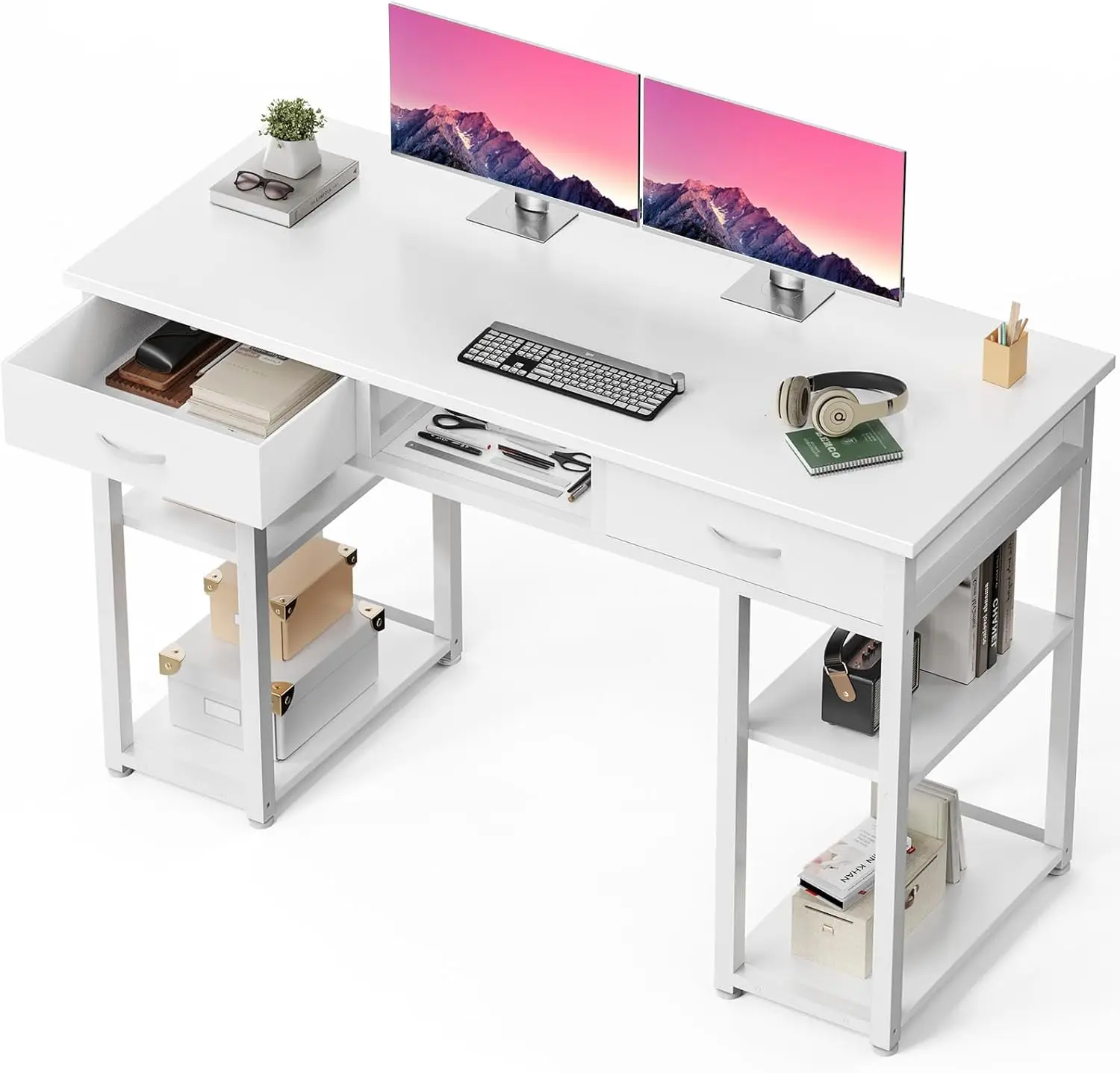 48-Inch Compact Computer Desk with Drawers and Storage Shelf for Home Office, Bedroom, Gaming, Writing Study - Adjustable Feet, White Metal Frame