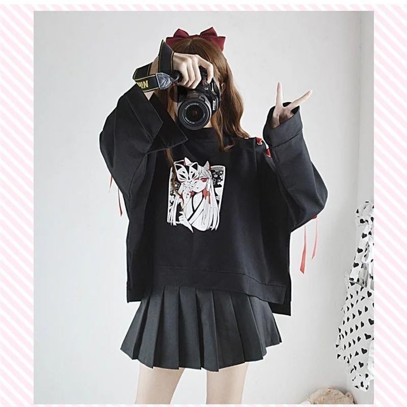 Estate abbigliamento donna Anime Fox stampato croce nastro Lolita t-shirt da ragazza Harajuku primavera gonna nera