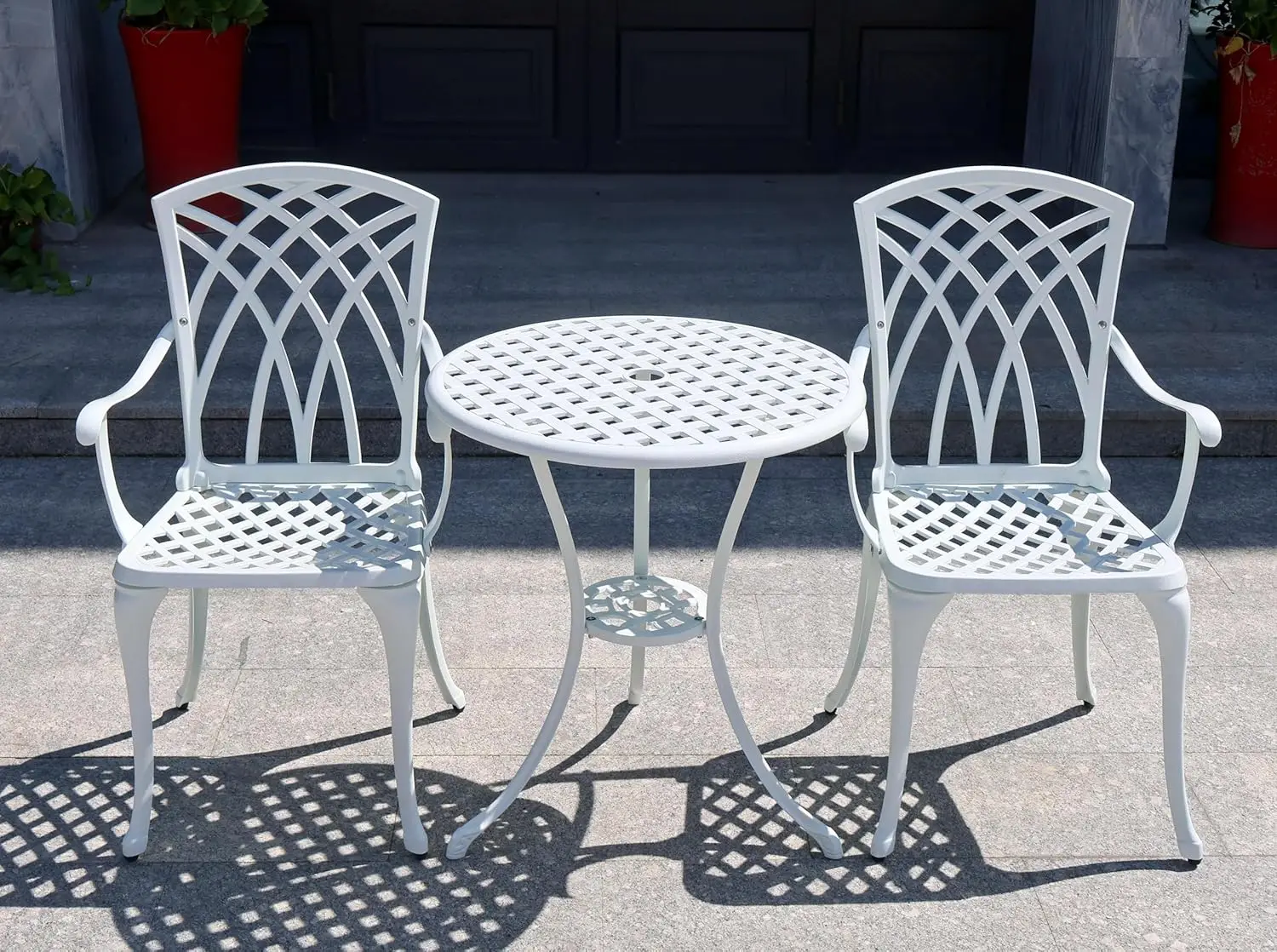 Outdoor Bistro Table And Chairs Set Of 2, 3 Piece Cast Aluminum Bistro Set With Umbrella Hole, All Weather Resistance Metal