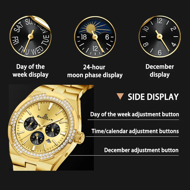 BAOFEILUN ساعة ذهبية فاخرة للرجال ساعات آلية أوتوماتيكية مرآة الياقوت التقويم الكامل الماس مجموعة فستان ساعة اليد هدية