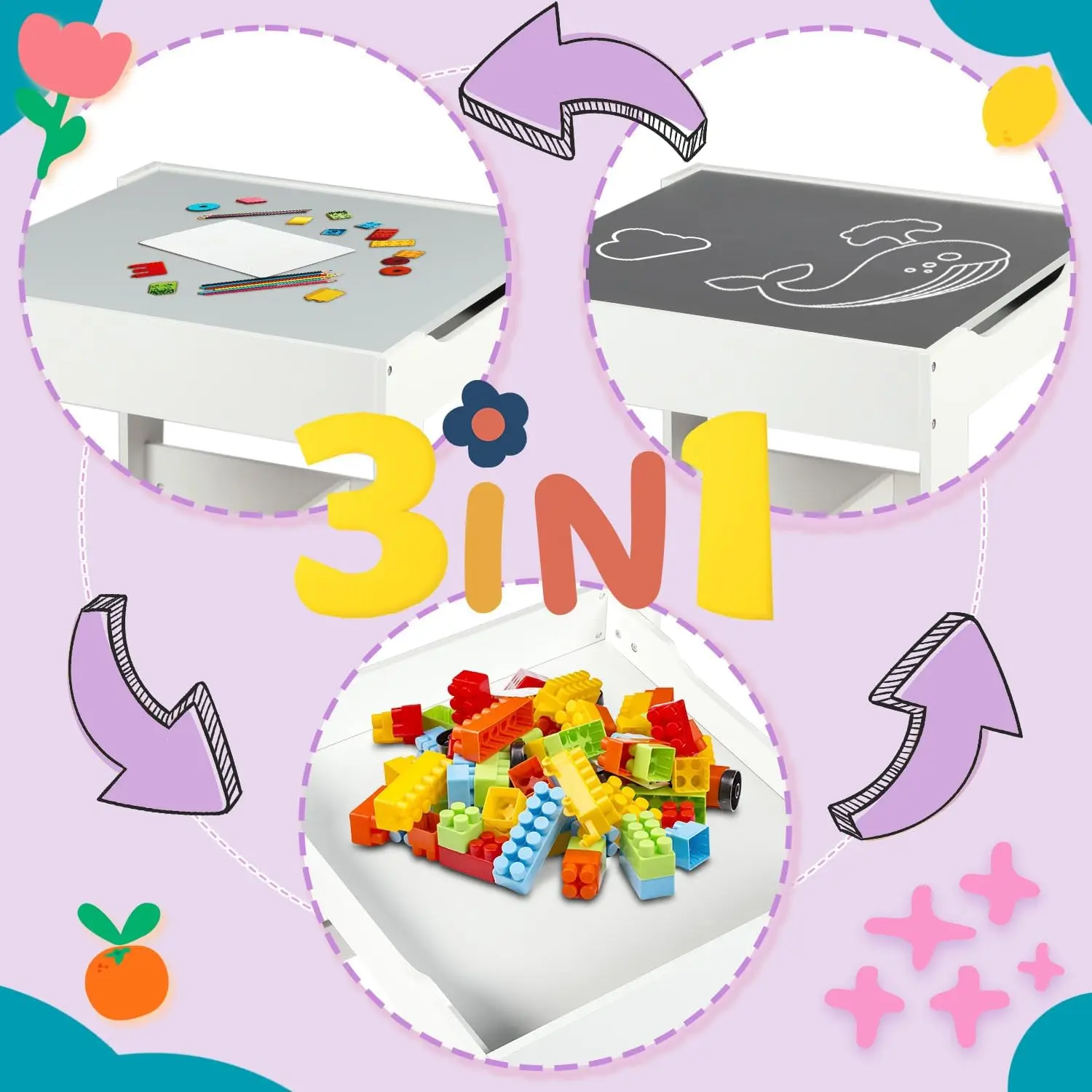 طقم طاولة خشبية وكرسيين من كينج كيدز، طاولة أنشطة للأطفال 3 في 1 مع مساحة تخزين، سطح طاولة قابل للإزالة، سبورة سوداء، طفل صغير من 3 قطع