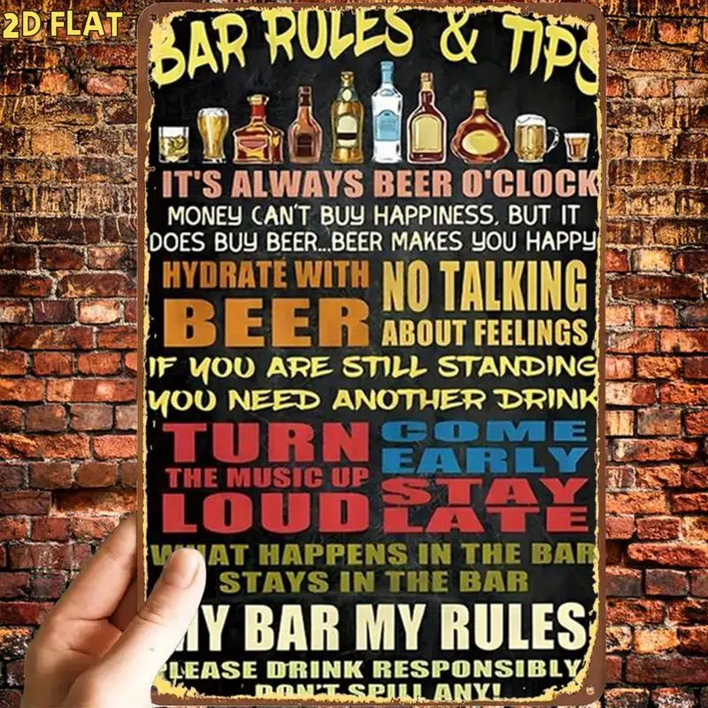 Fun Bar Rules and Tips Metal Sign，Pre-drilled holes，Suitable for indoor use、Garden、Outdoor、Family、Office