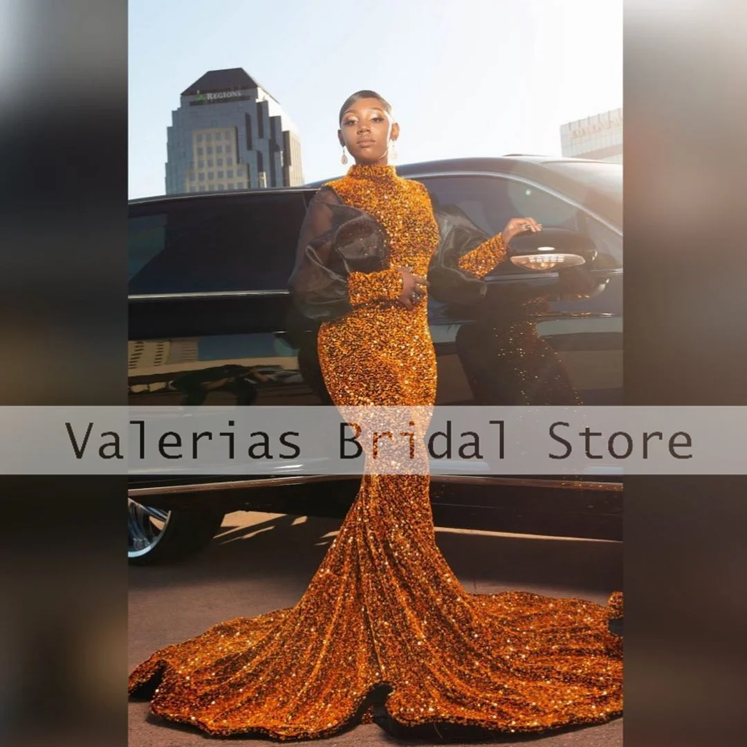 

Orange Mermaid Prom Dress African Girls Sequined Sparkly Evening Dresses Vestidos Para Mujer Elegantes y Bonitos Customized