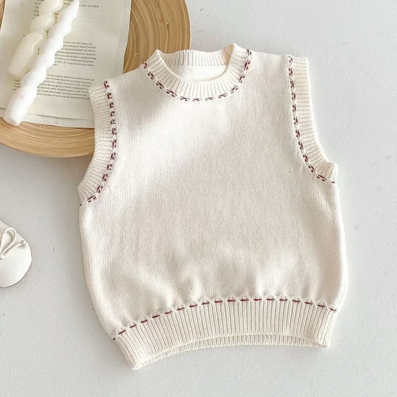 

INS Autumn New Baby Girl Knitted Vest Baby Fashion Versatile Embroidered O-Neck Pullover Vest Spring Cotton Knitting Waistcoats