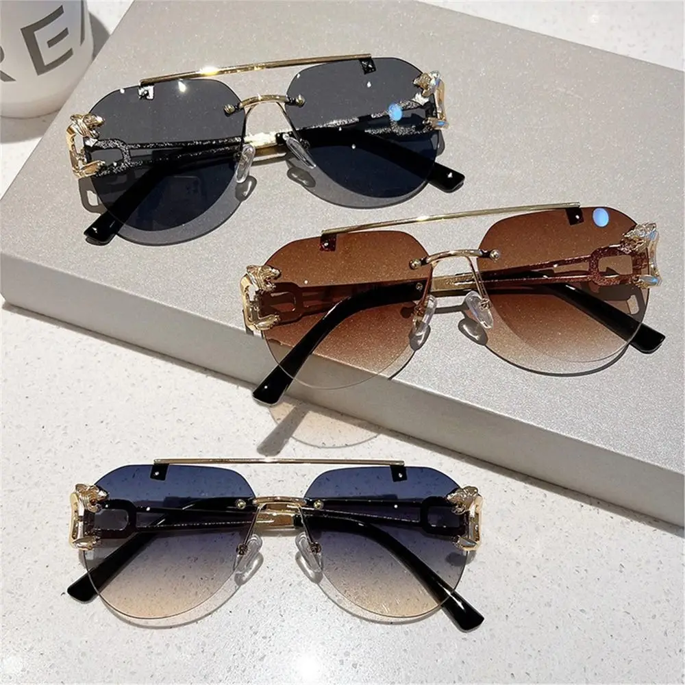 

Fashion Rimless Cheetah Decor Sunglasses Gradient UV400 Shades Double Bridge Sun Glasses for Women & Men