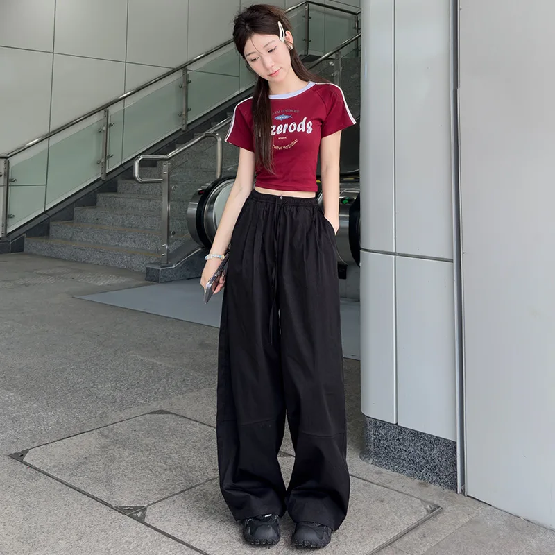 Retro Splicing Wide-leg Pants Women's 2025 Autumn New High-waisted Elastic Waist Lace-up Loose Casual Tooling Trousers American
