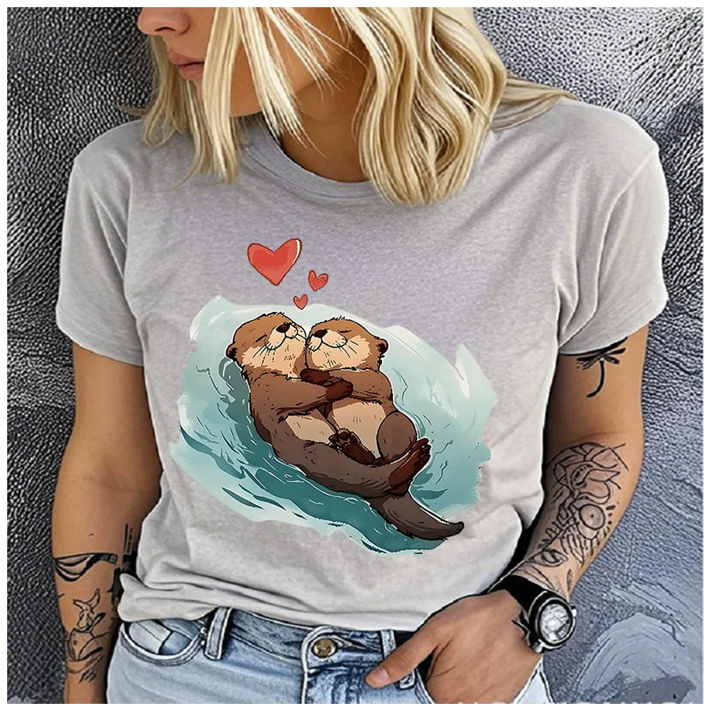 Women's Cotton 100% Holding hands with an otter Print T-shirt Loose round Neck Casual Short Sleeve Fashion Top  Clothing Summer
