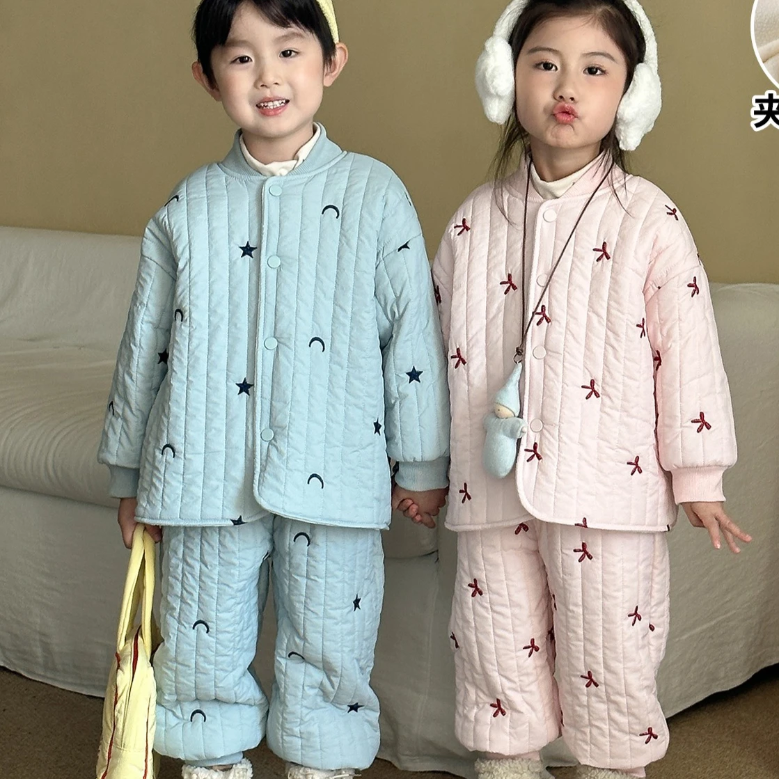 

Suit 2025 Autumn and Winter New Childrens Clothing Boys and Girls Fashion Plus Villus Embroidery Flower Clip Cotton Two Sets
