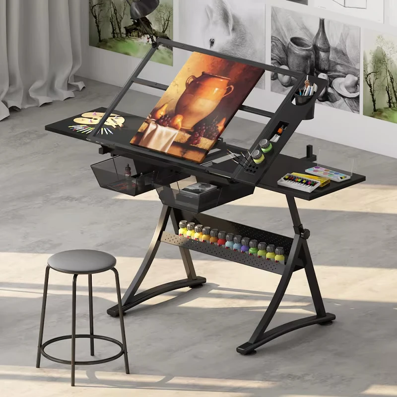 Glitter Height Adjustable Multifunctional Art Craft Artists Desk Tilting Glass Tabletop Work Station Drafting Table Or Painting
