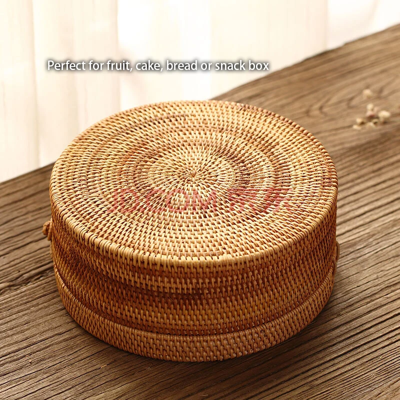 Handwoven Rattan Storage Box With Lid Wicker Tea Food Container Picnic Bread Fruit Cake Basket Ornament Box Kitchen Organizer