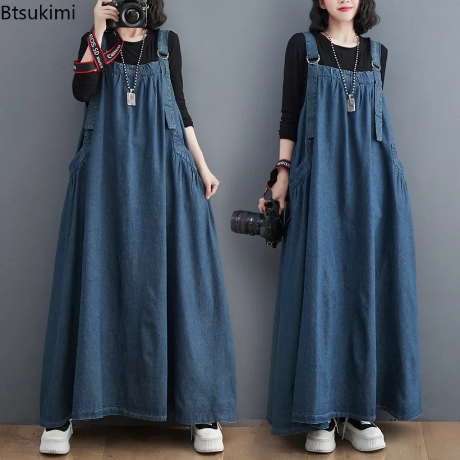 2026 Women's Denim Clothing Spring Autumn Sleeveless Suspender Dress Temperament Loose A-Line Long Straps Skirts Jeans Vestidos