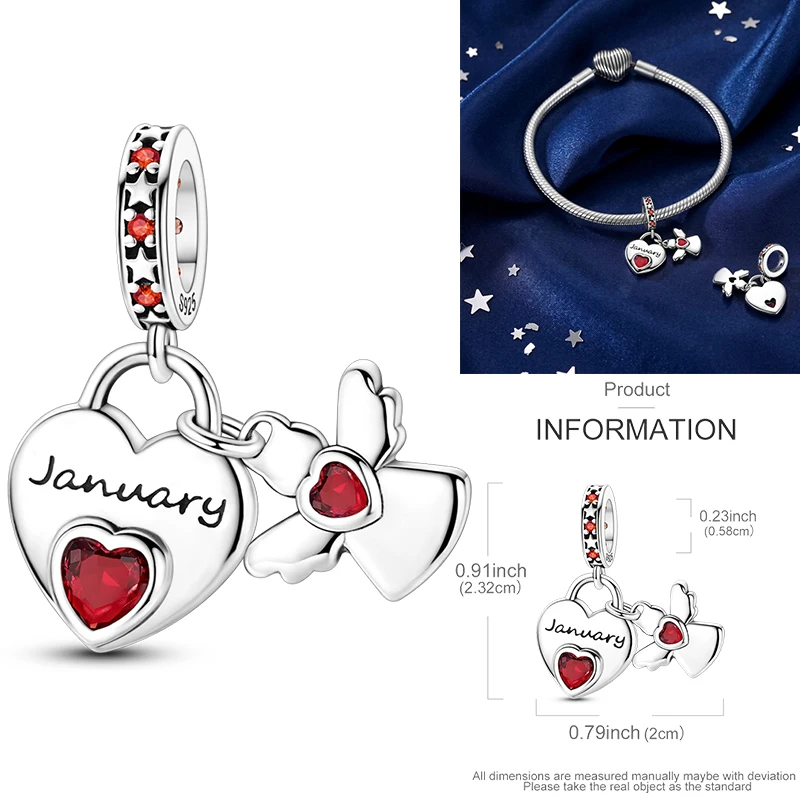 925 Sterling Silber 12 Monate Geburtsstein Engel-Herz-Anhänger Besd Januar-Dezember DIY Armband Halskette Geburtstagsgeschenk für Frauen – Detail 7