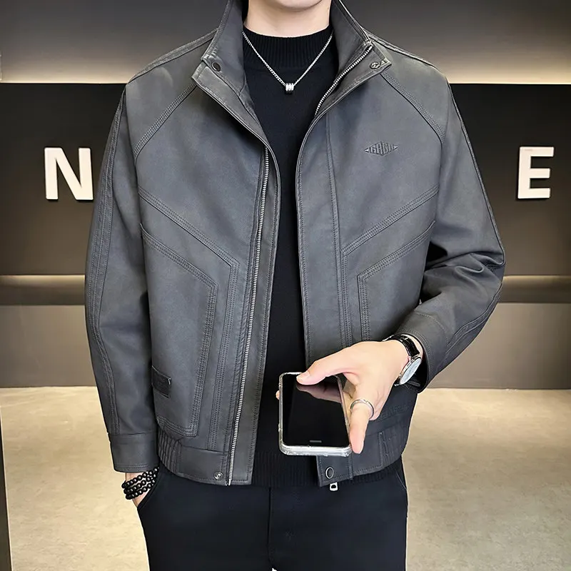 

Sli Men's Casual Embroidered Retro Sle Leather Jaet Stand Collar Autumn Faion Outerwear Polyester Fiber Long Sve