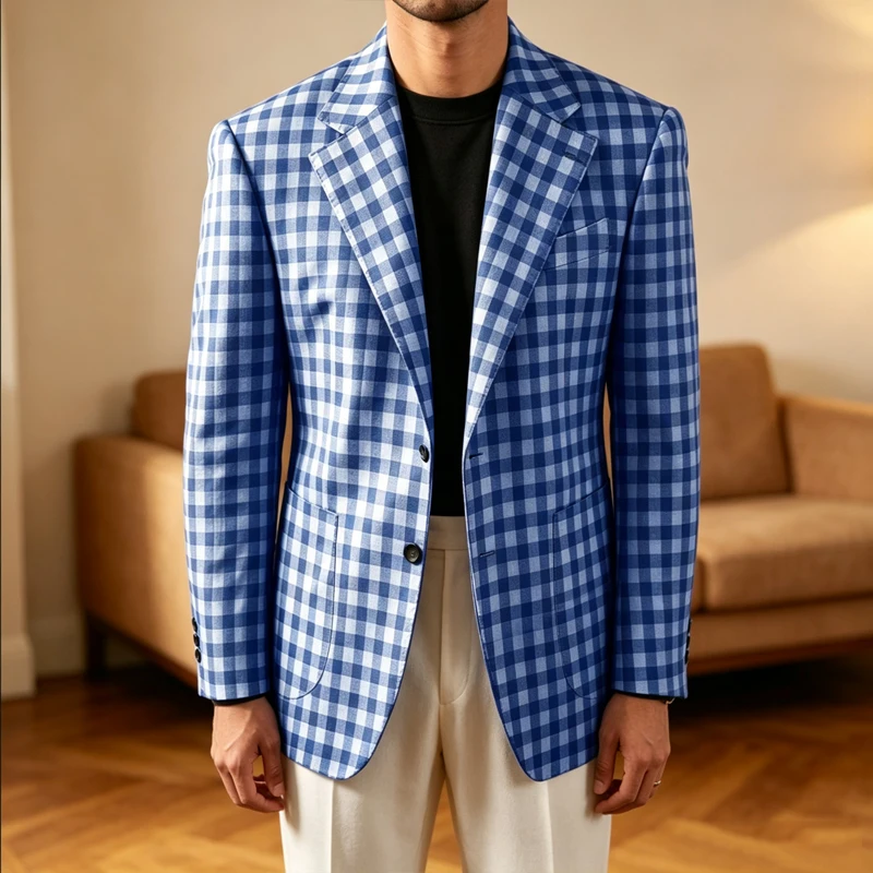 Men's Cotton Plaid Blazer Notch Lapel 2 Buttons Slim Fit Jacket Soft Breathable Lightweight Coat for Business Casual Daily Wear