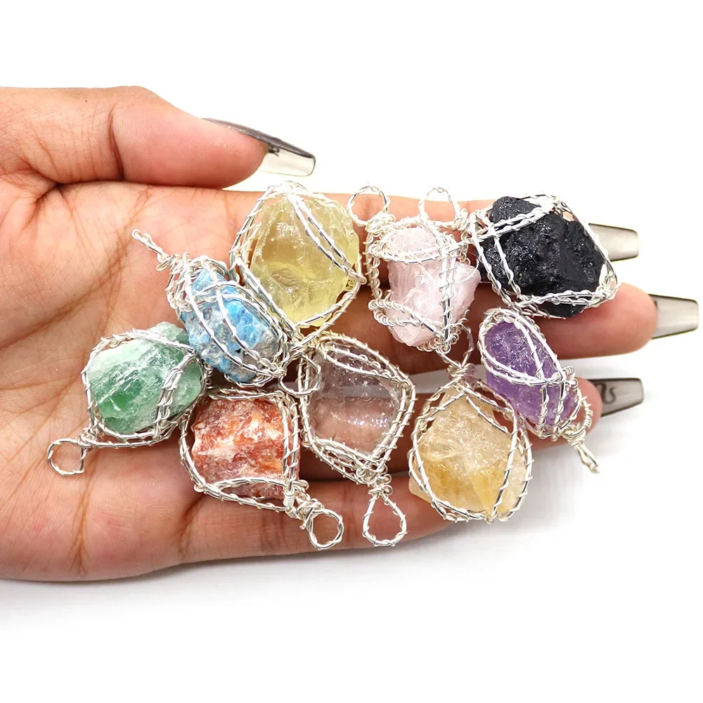 Hand-Wrapped Single-Hole Pendant Irregular Colorful Natural Green Fluorite Stone DIY Accessory for Necklaces Earrings 23x36mm