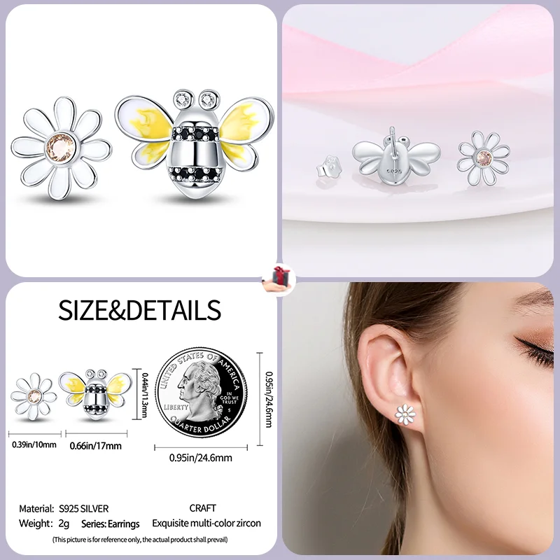 100% 925 Sterling Silver Star Bee Heart Shape Stud Earrings Women's Earrings Exquisite Engagement Wedding Party Jewelry Gift