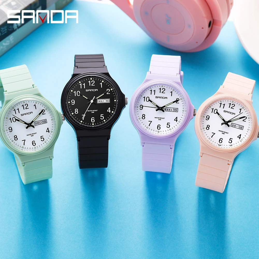 SANDA Top Brand Luxury Women Watches Casual Fashion Quartz Watch Ladies TPU Strap Waterproof Week Date Wristwatch