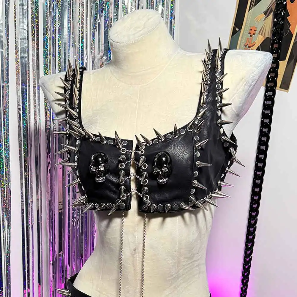 Skull Eco Street Wear DIY Y2K Vegan Leather TOPS Grunge Punk Rock E-Girls Kawaii Emo Studded Rivet Harajuku 90s Hand Made Gothic