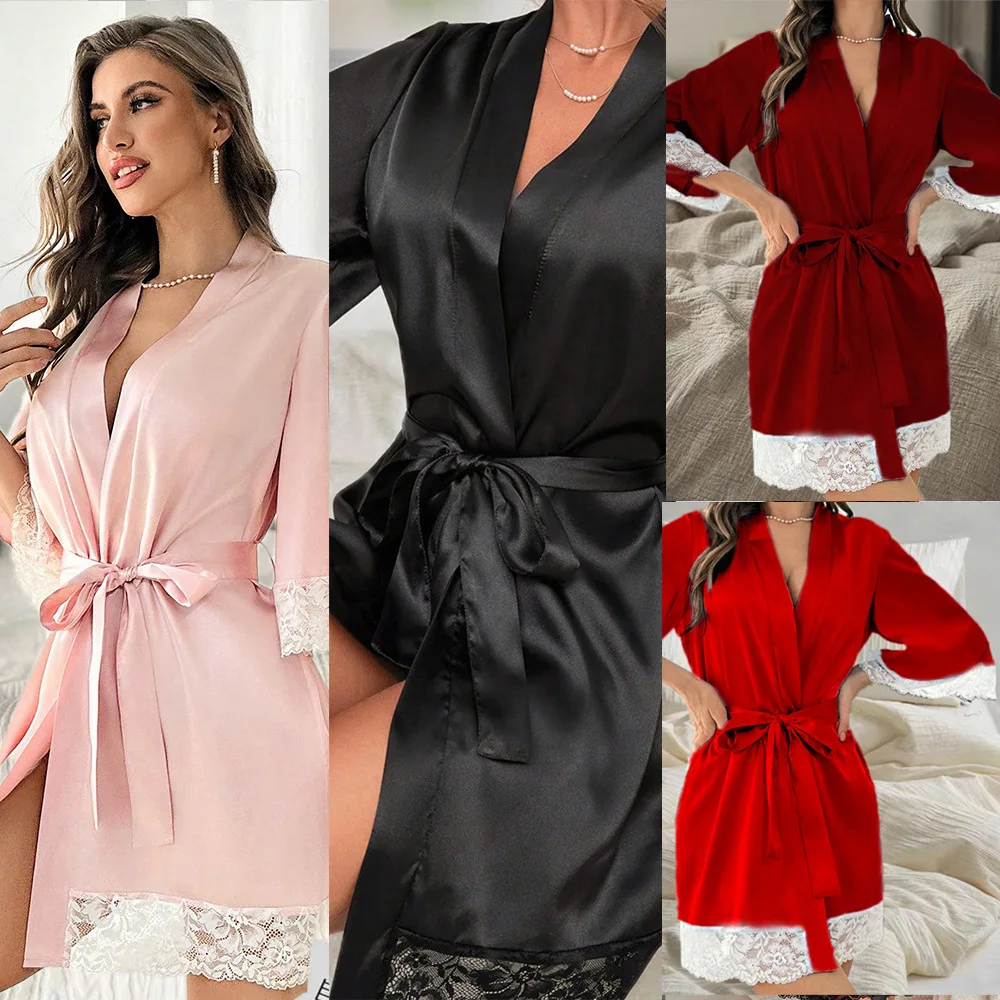 2027 New European and American Pajama Simulation Silk Sexy Lace Lace Large Size Cardigan Robe Morning Robe Women's Bathrobe