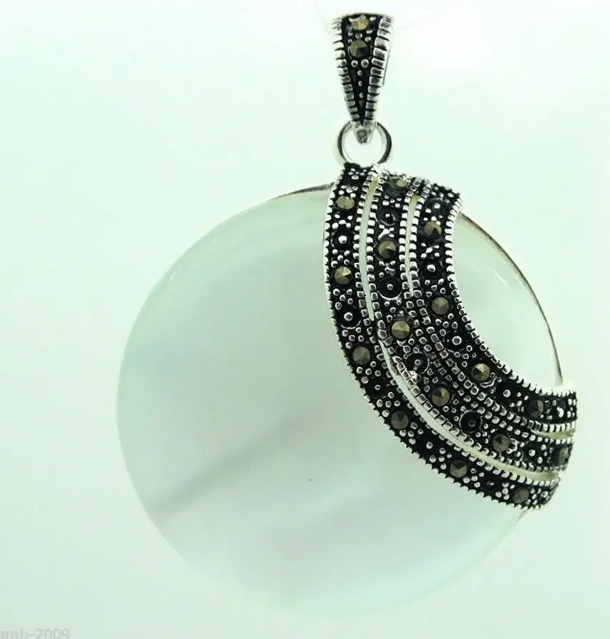 

925 STERLING SILVER NATURAL CLEAR WHITE OPALS MARCASITE PENDANT 35X35MM gem