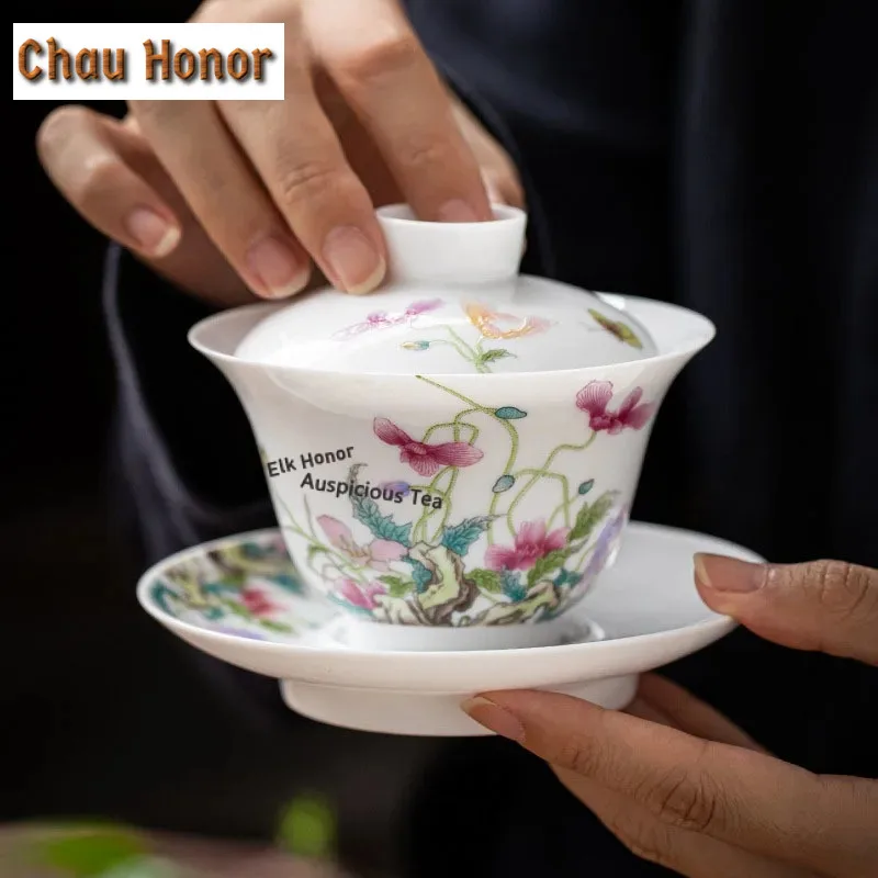 155ml Corn Poppy Art Ceramic Tea Tureen China Tea Maker Gaiwan Sancai Covered Bowl With Lid Household Kung Fu Teaware Ceremony