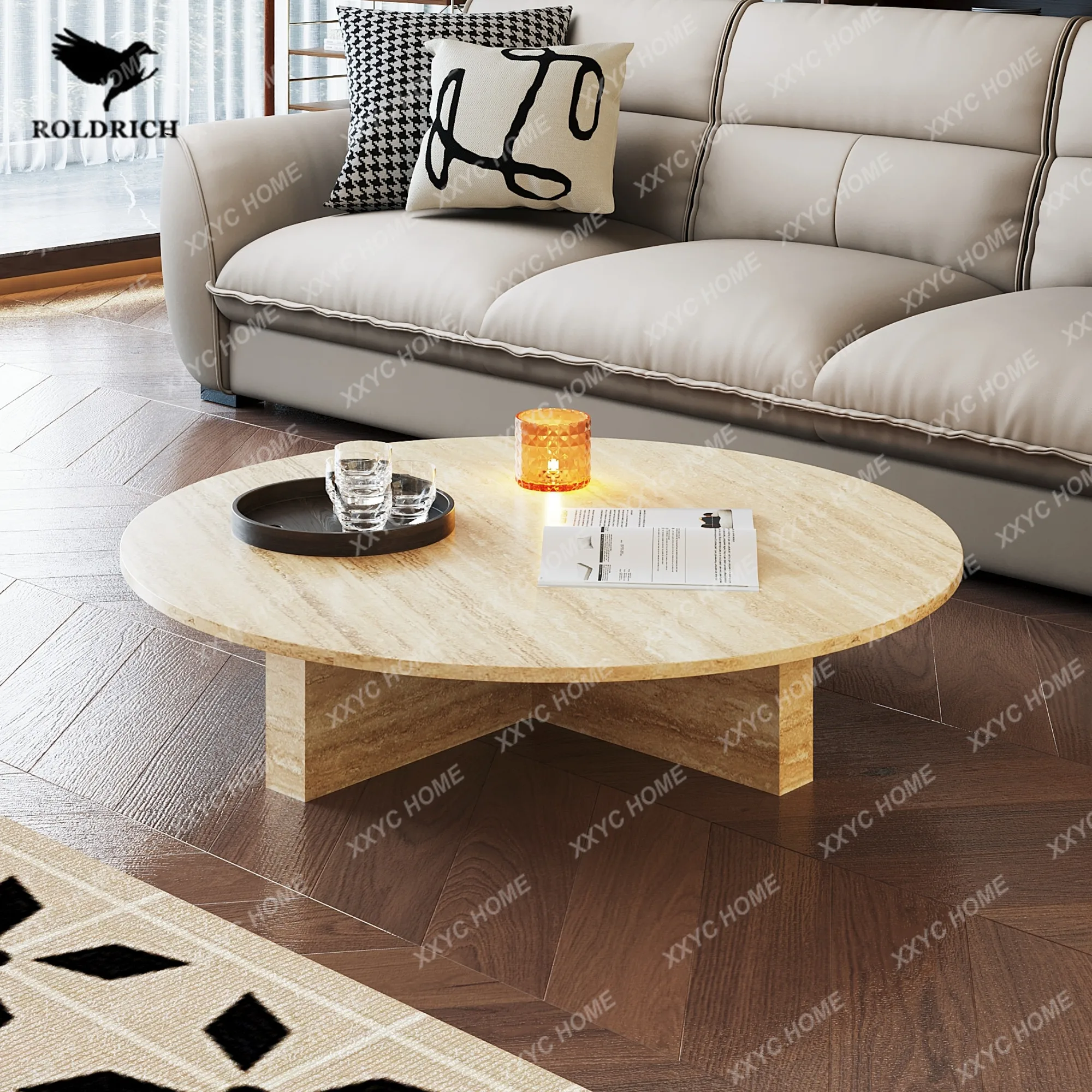 Red travertine round coffee table, living room size apartment type high-end luxury stone light luxury tea table