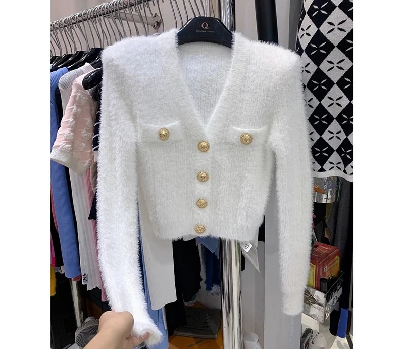 

Fuzzy Knit Crop Cardigan with Gold Button Long Sleeve V-neck Fitted Sweater Jacket Teen