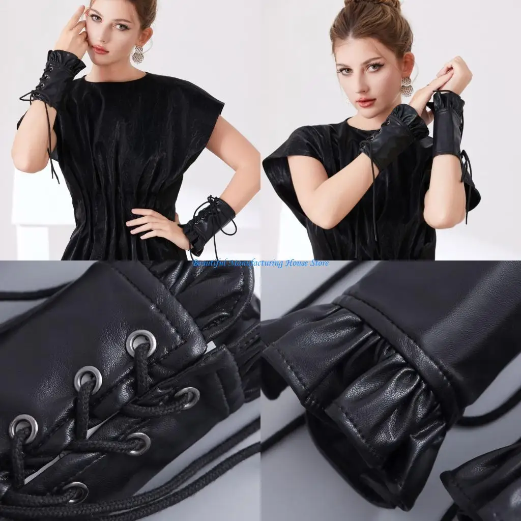 E56A Gothic Rocker Arm Cuffs Premium PU Leather Laced Wristbands For Music Festivals And Alternative Fashion