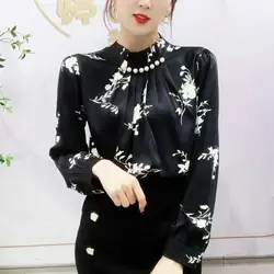 Elegant Color Block Printing Blouse Women Classic Nail Bead Flares Decoration Pleated O-collar Lady Pullover Chiffon Shirt