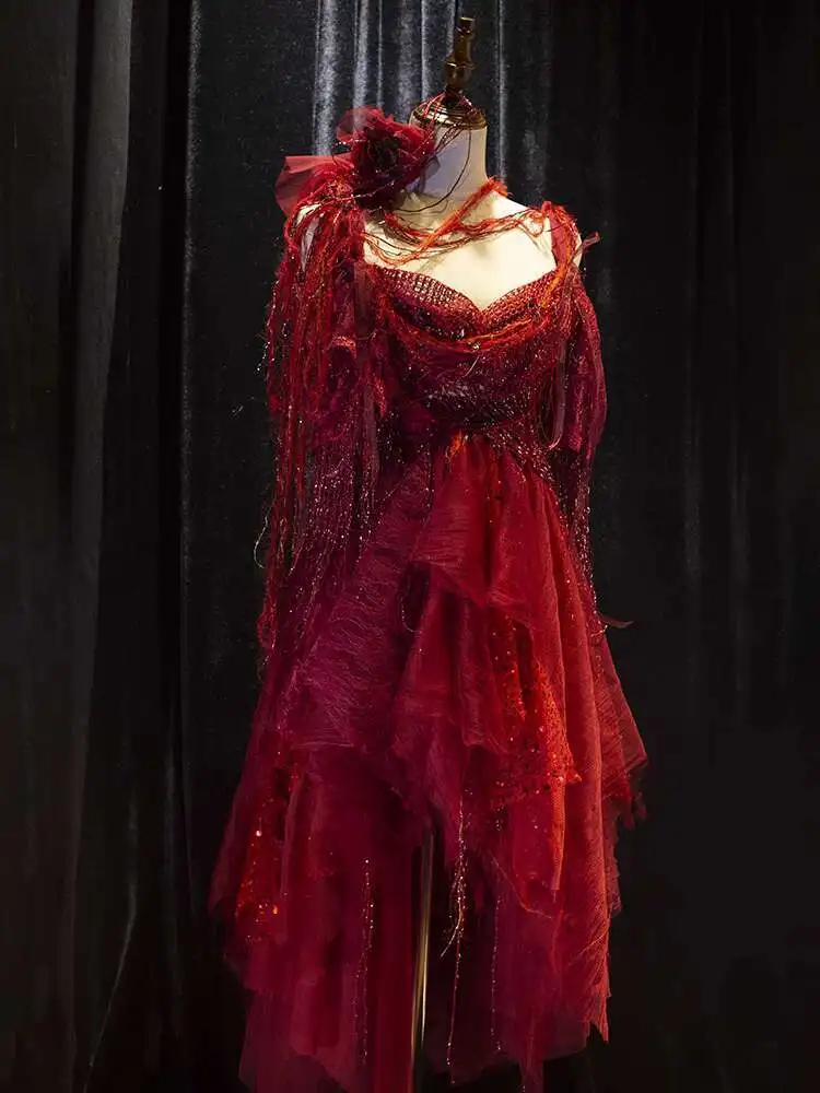 

Ваби-Саби Роза Тяжелая промышленность Взрывной флэш-корсет EDC Темно-красный вампир Хэллоуин Готическое фото платье Платье для выступлений