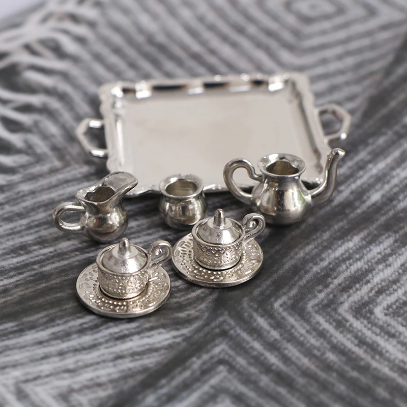 10pcs 1/12 Dollhouse Miniature Silver Metal Tea Coffee Tray Tableware Set Mini Simulation Furniture Kitchen Accessories