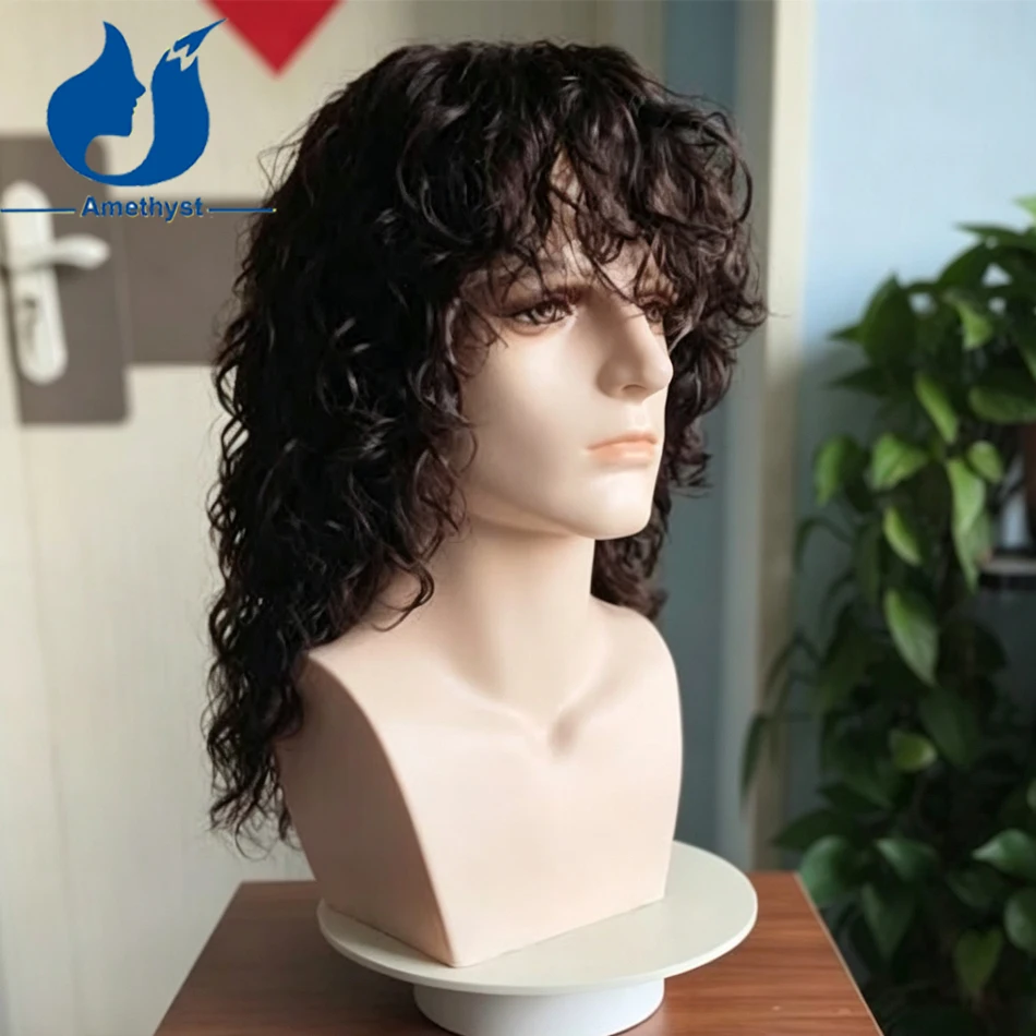 Amethyst 14 Inches Curly Dark Brown Wolf Cut Wig Human Hair with Bangs for Men Pre Styled 13x6 Lace Front Remy Hair Wig Wave