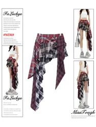 Vintage Fashion High Quality Plaid A-line Skirt Women High Street Sexy Slim Asymmetrical Mini Skirt Summer Coquette Streetwear