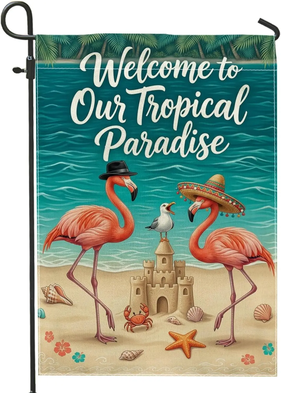 Tropical Bird Garden Flag, Tropical Beach Sandcastle Seashell Summer Turquoise Double Sided Burlap Yard Decorative Flags for yyi