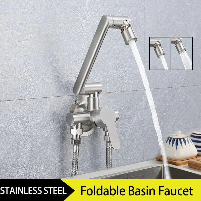 Exposed Wall Mount Kitchen Faucet Lead Free Hot and Cold Water Mixing Faucet Water Flow Spray Aerator 360 Degree Rotating Hose