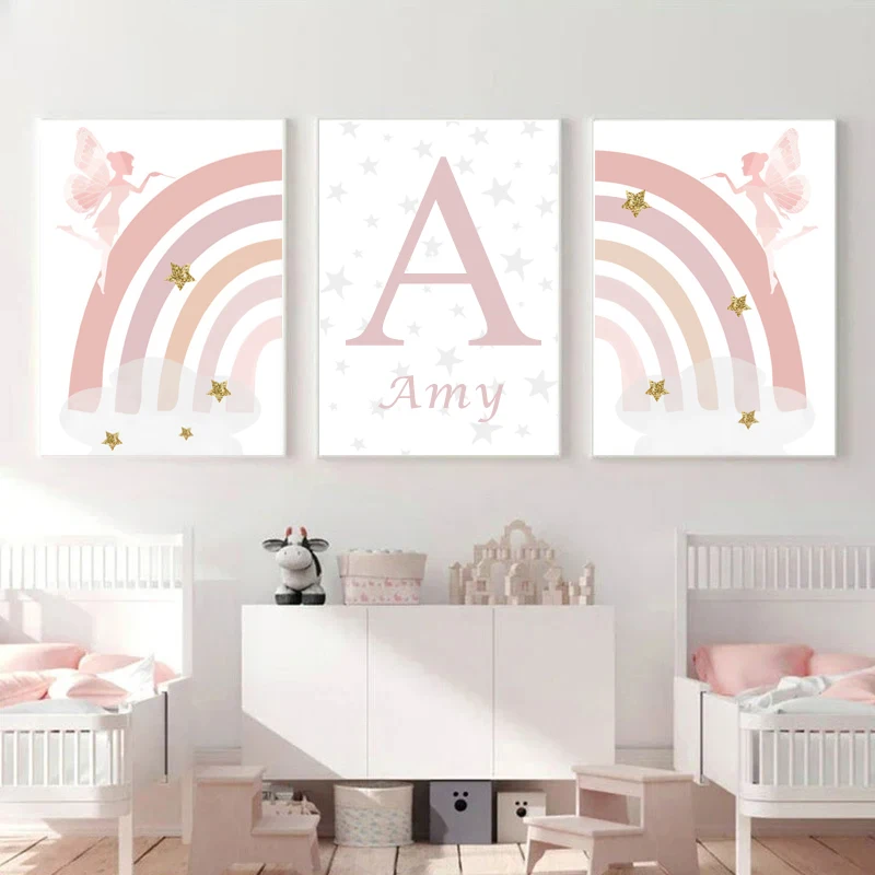 Pink Fairy Rainbow Balloon Girl Bedroom Poster Baby Nursery Wall Art Canvas Painting Kawaii Animal Picture Children\'s Room Decor