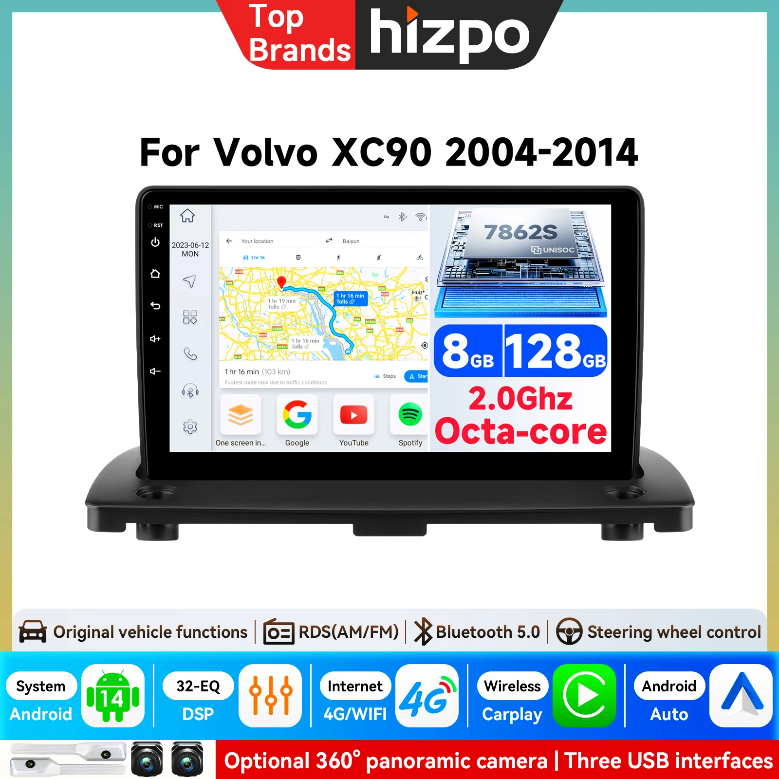 Android 15 Carplay Auto QLED-Bildschirm Autoradio Multimedia-Player für Volvo XC90 2004 - 2014 Autoradio GPS Stereo 2 Din Haupteinheit