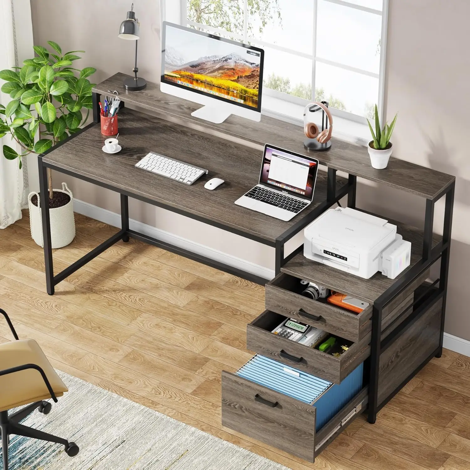 Tribesigns 63 Inch Computer Desk With File Drawer Cabinet, Ergonomic Office Desk With Monitor Stand, Industrial Computer Table