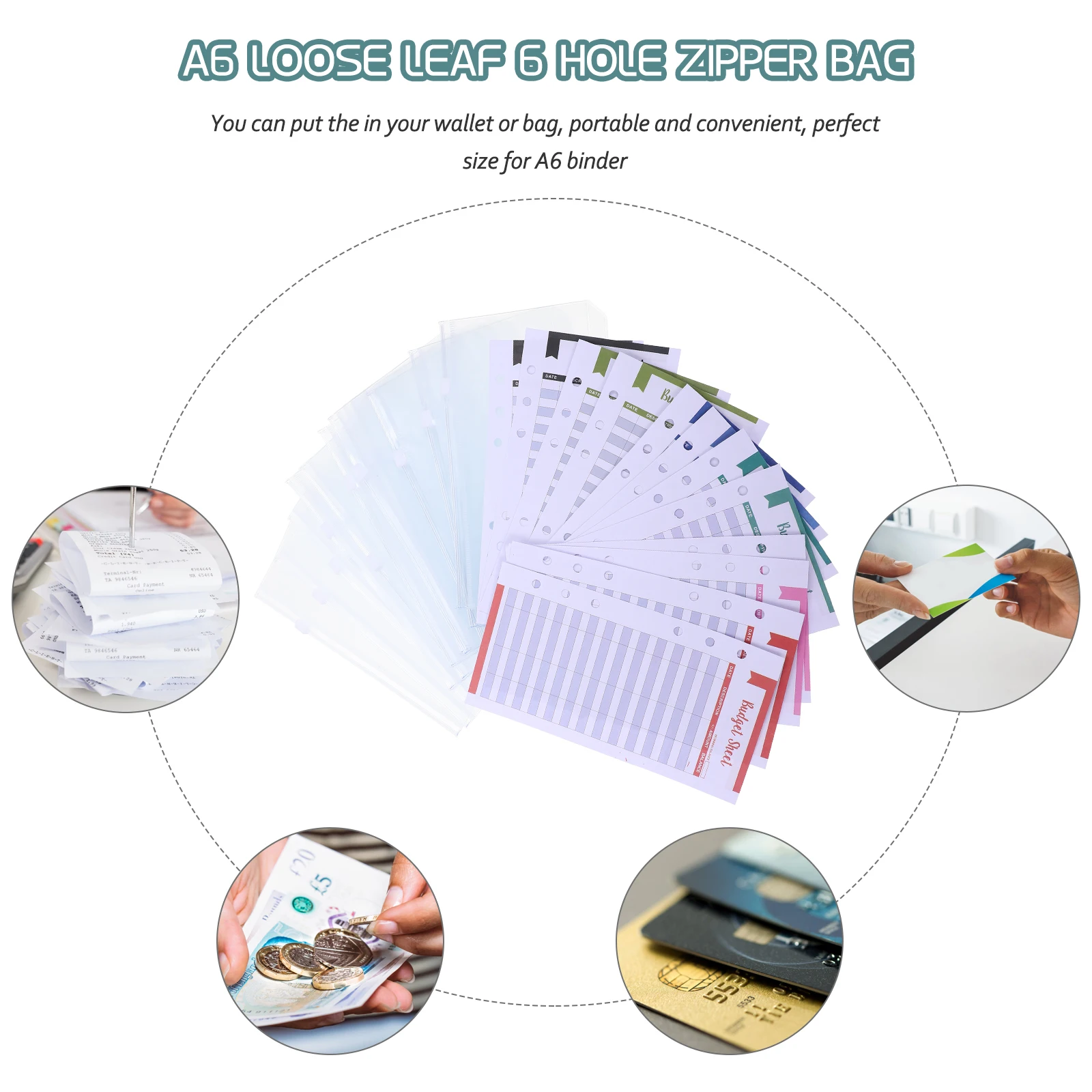 24pcs A6 Budget Sheets Pvc Binder Pockets 6 Rings Loose Leaf Zipper Envelopes Expense Trackers Financial Planner Inserts Money