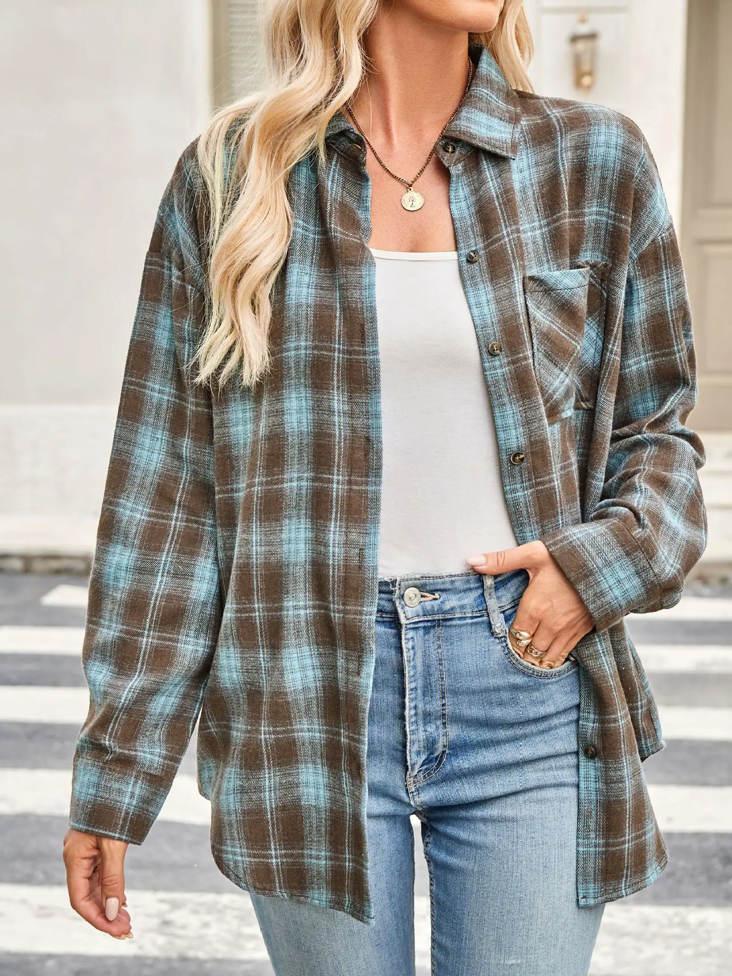 2025 New Women's Shirt Contrasted Color Plaid In Autumn Winter Casual Daily Loose Fashion Chemises Long Sleeve Collar Hemden