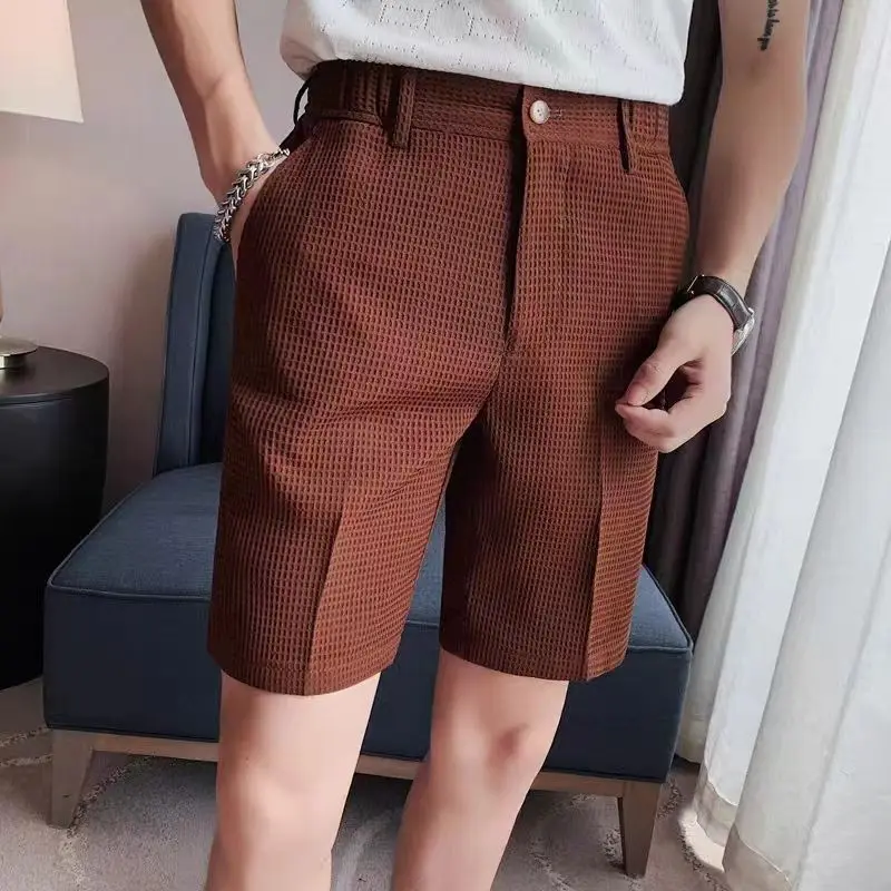 Sommer Männer Waffel dünne Kaffee Anzug Shorts Streetwear Mode männliche Kleidung koreanische lässige Tasche gerade 5 Punkte Eis kurze Hosen